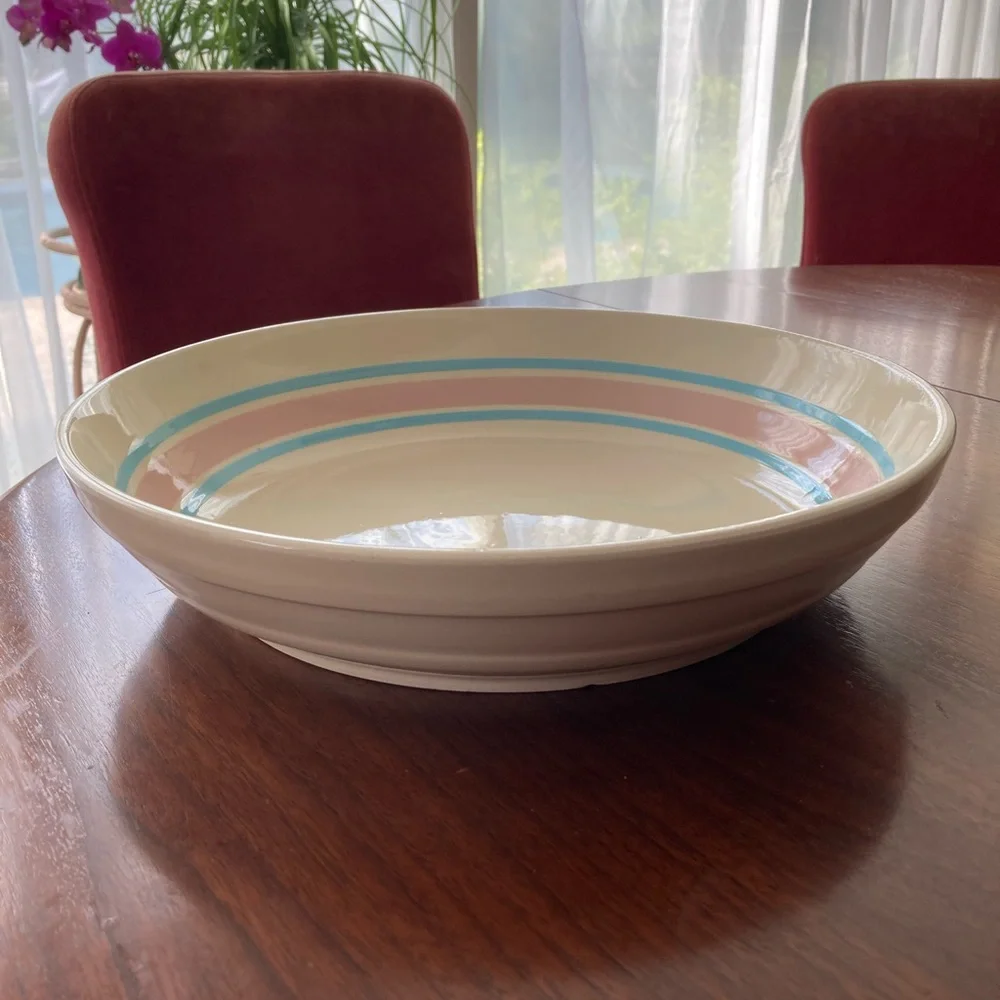 Vintage McCoy Cream, Pink and Blue Striped Serving Bowl - Picture 3 of 6
